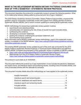 What Is the Relationship Between Dietary Patterns Consumed and Risk of Type 2 Diabetes?: Systematic Review Protocol