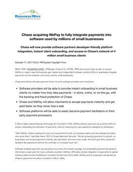 Chase Acquiring Wepay to Fully Integrate Payments Into Software Used by Millions of Small Businesses | Business Wire