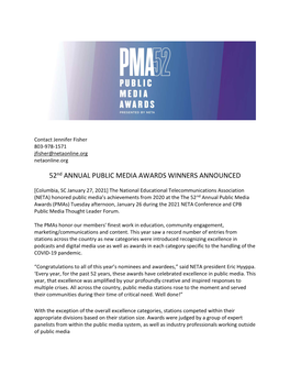 52Nd ANNUAL PUBLIC MEDIA AWARDS WINNERS ANNOUNCED