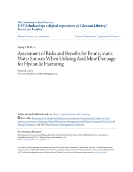 Assessment of Risks and Benefits for Pennsylvania Water Sources When Utilizing Acid Mine Drainage for Hydraulic Fracturing Frederick R