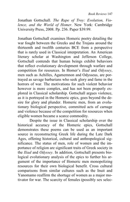 Jonathan Gottschall. the Rape of Troy: Evolution, Vio- Lence, and the World of Homer