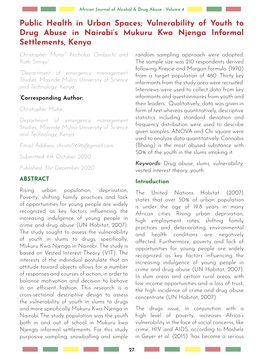 Public Health in Urban Spaces; Vulnerability of Youth to Drug Abuse in Nairobi's Mukuru Kwa Njenga Informal Settlements, Kenya