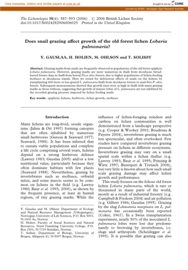 Does Snail Grazing Affect Growth of the Old Forest Lichen Lobaria Pulmonaria?