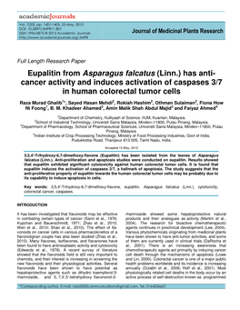 Eupalitin from Asparagus Falcatus (Linn.) Has Anti- Cancer Activity and Induces Activation of Caspases 3/7 in Human Colorectal Tumor Cells