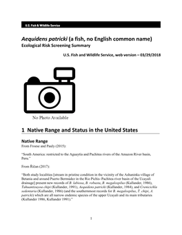 Aequidens Patricki (A Fish, No English Common Name) Ecological Risk Screening Summary