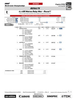 RESULTS 4 X 400 Metres Relay Men - Round 1 First 2 in Each Heat (Q) and the Next 2 Fastest (Q) Advance to the Final