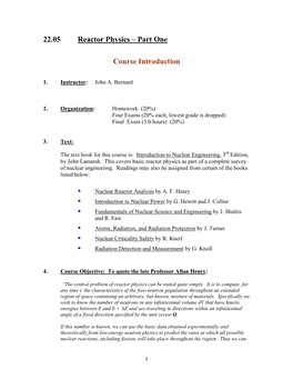 22.05 Reactor Physics – Part One Course Introduction