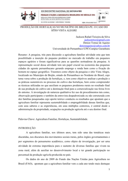 Produção De Hortaliças No Município De Brejão-Pe: O Caso Do Sítio Vista Alegre