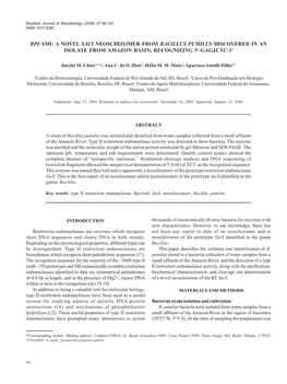 Bpuami: a Novel Saci Neoschizomer from Bacillus Pumilus Discovered in an Isolate from Amazon Basin, Recognizing 5'-Gag↓Ctc-3'