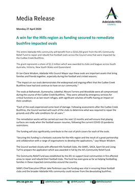 Funding for Bushfire Impacted Ovals