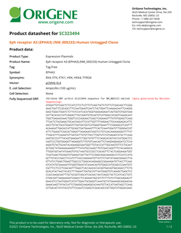 Eph Receptor A3 (EPHA3) (NM 005233) Human Untagged Clone Product Data