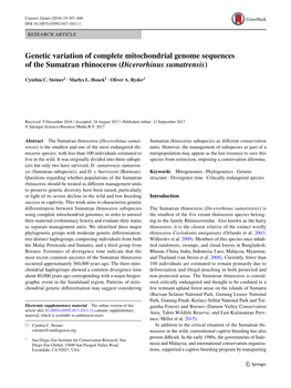 Genetic Variation of Complete Mitochondrial Genome Sequences of the Sumatran Rhinoceros (Dicerorhinus Sumatrensis)