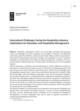 Intercultural Challenges Facing the Hospitality Industry. Implications for Education and Hospitality Management