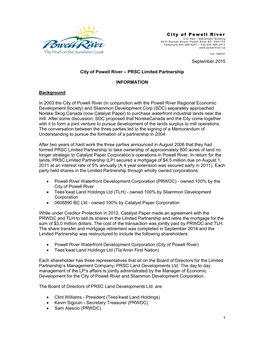 September 2015 City of Powell River – PRSC Limited Partnership