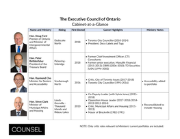 The Executive Council of Ontario Cabinet-At-A-Glance Name and Ministry Riding First Elected Career Highlights Ministry Notes