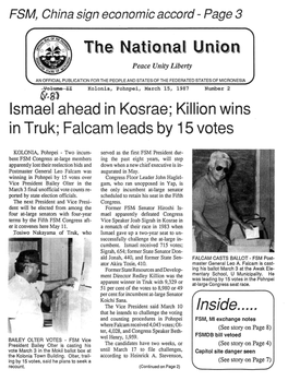Ismael Ahead in Kosrae; Killion Wins in Truk; Falcam Leads by 15 Votes