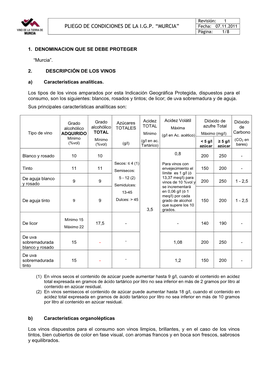 PLIEGO DE CONDICIONES DE LA I.G.P. “MURCIA” Fecha: 07.11.2011 Página: 1/8