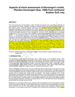 Aspects of Stock Assessment of Klunzinger's Mullet, Planiliza Klunzengeri (Day, 1888) from Northwest Arabian Gulf, Iraq