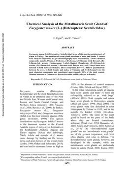 Chemical Analysis of the Metathoracic Scent Gland of Eurygaster Maura (L.) (Heteroptera: Scutelleridae)