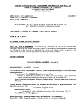 Agenda - Council Meeting - Wednesday - September 8, 2004 - 9:00 A