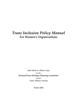 Trans Inclusion Policy Manual for Women’S Organizations