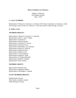House Committee on Commerce Minutes of Meeting 2018 Regular Session May 1, 2018 I. CALL to ORDER Representative Thomas G. Carmo