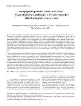 Phylogeographic Pattern of Jenynsia Multidentata (Cyprinodontiformes: Anablepidae) in the Southern Boundary of the Brazilian Subregion, Argentina