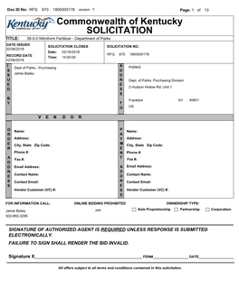 Commonwealth of Kentucky SOLICITATION TITLE: 38-0-0 Nitroform Fertilizer - Department of Parks