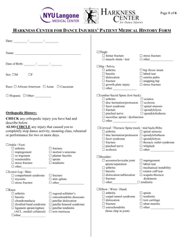 Harkness Center for Dance Injuries' Patient Medical History Form