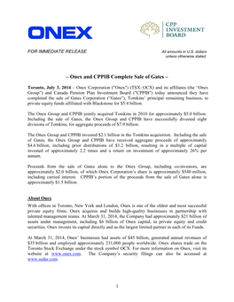 – Onex and CPPIB Complete Sale of Gates –