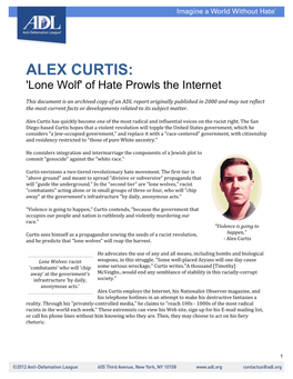 ALEX CURTIS: 'Lone Wolf' of Hate Prowls the Internet