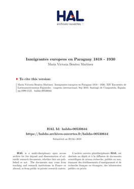 Inmigrantes Europeos En Paraguay 1818 - 1930 María Victoria Benitez Martinez