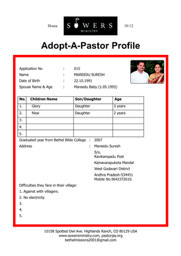 Sowers Adopt-A-Pastor Profile.Pmd