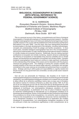 Biological Oceanography in Canada (With Special Reference to Federal Government Science)