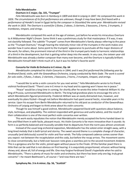 Felix Mendelssohn Overture in C Major, Op. 101, “Trumpet” Felix Mendelssohn Was Born in Hamburg in 1809 and Died in Leipzig in 1847