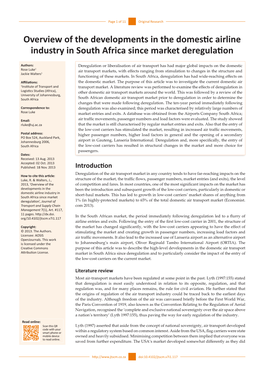 Overview of the Developments in the Domestic Airline Industry in South Africa Since Market Deregulation