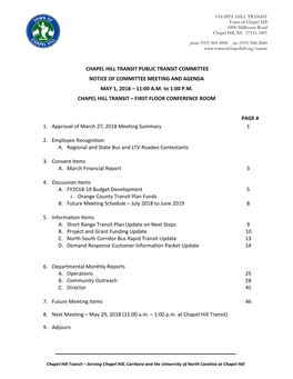 Chapel Hill Transit Public Transit Committee Notice of Committee Meeting and Agenda May 1, 2018 – 11:00 A.M