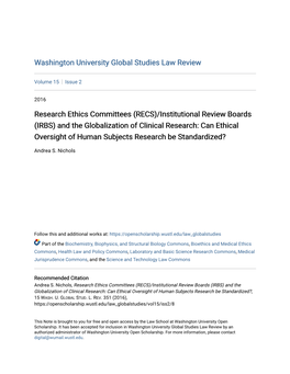 (IRBS) and the Globalization of Clinical Research: Can Ethical Oversight of Human Subjects Research Be Standardized?