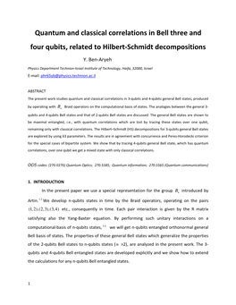 Quantum and Classical Correlations in Bell Three and Four Qubits, Related to Hilbert-Schmidt Decompositions