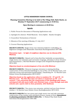 LITTLE MISSENDEN PARISH COUNCIL. Planning Committee Meeting to Be Held in the Village Hall, Hyde Heath, on Monday 4Th September