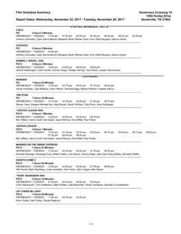 Film Schedule Summary Governors Crossing 14 1402 Hurley Drive Report Dates: Wednesday, November 22, 2017 - Tuesday, November 28, 2017 Sevierville, TN 37862