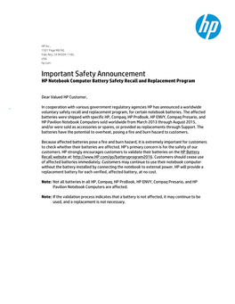 HP Notebook Battery Safety Recall and Replacement Program Please Contact HP Via Contact Us on HP Battery Recall Website At