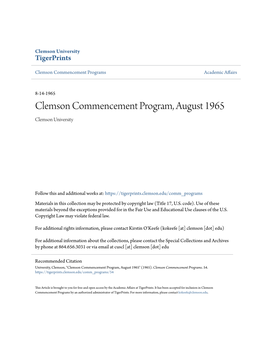 Clemson Commencement Program, August 1965 Clemson University