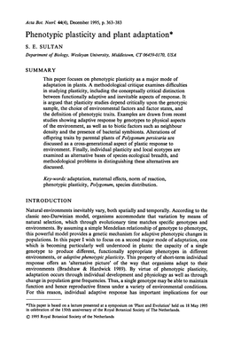 Phenotypic Plasticity and Plant Adaptation