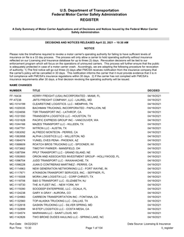 U.S. Department of Transportation Federal Motor Carrier Safety Administration REGISTER