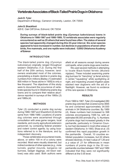VERTEBRATE ASSOCIATES of BLACK-TAILED PRAIRIE DOGS in OKLAHOMA 41 Vertebrate Associates of Black-Tailed Prairie Dogs in Oklahoma
