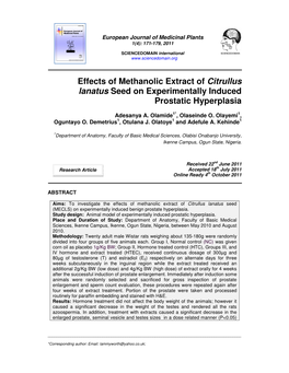 Effects of Methanolic Extract of Citrullus Lanatus Seed on Experimentally Induced Prostatic Hyperplasia