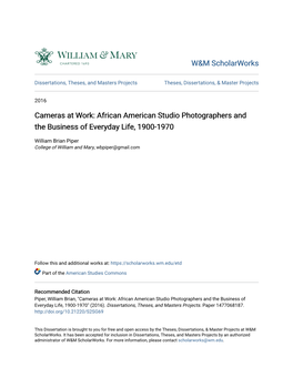 Cameras at Work: African American Studio Photographers and the Business of Everyday Life, 1900-1970