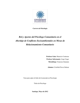 Rol Y Aportes Del Psicólogo Comunitario En El Abordaje De Conflictos Socioambientales En Mesas De Relacionamiento Comunitario