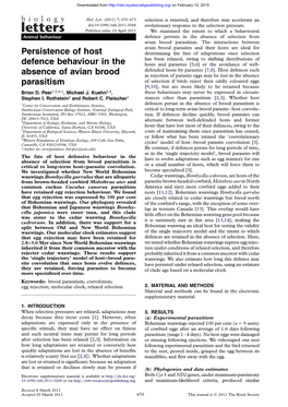 Persistence of Host Defence Behaviour in the Absence of Avian Brood